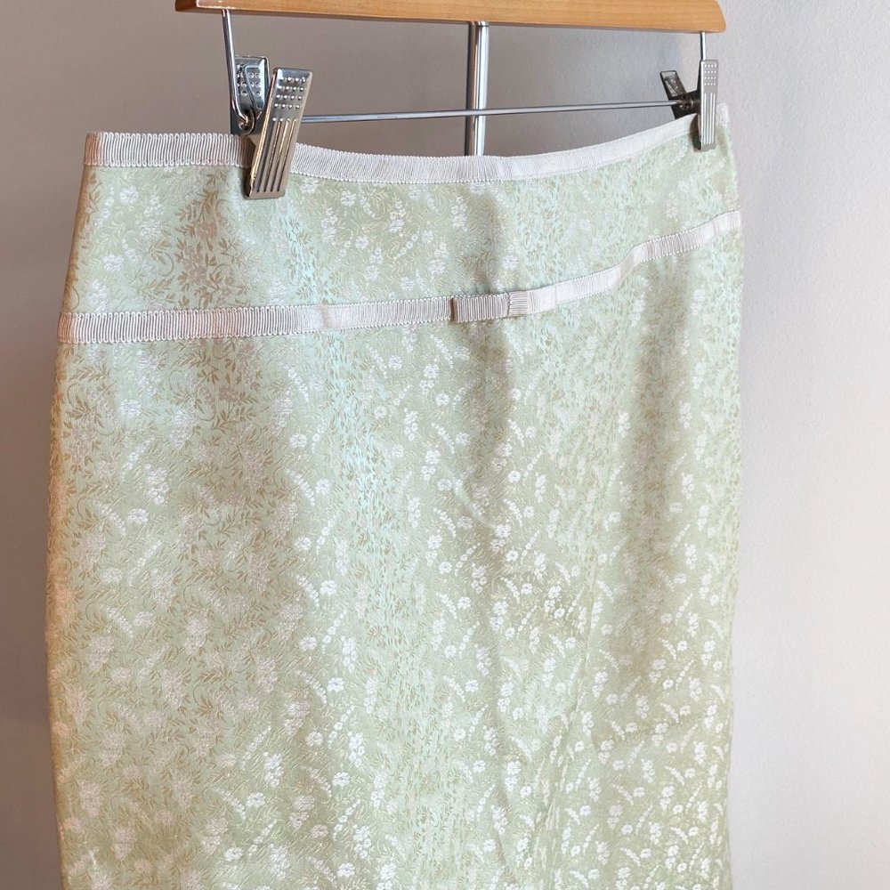 Ann Taylor Light Green Jacquard Pencil Skirt with Bow Detail, Perfect Condition